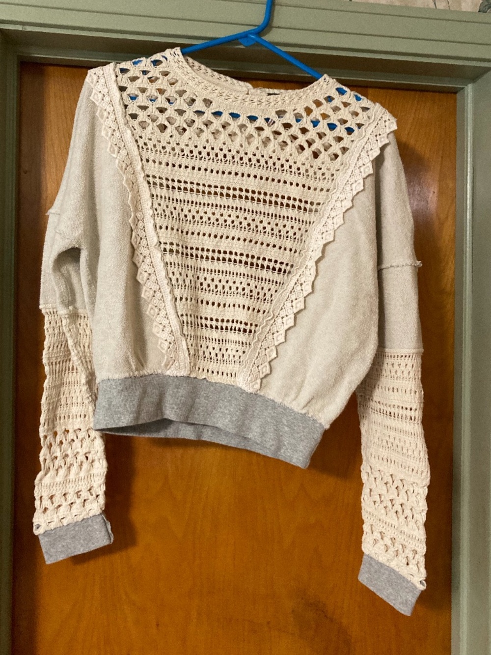Free People Lace of Base 100% Cotton Pullover Top Gray and White Small